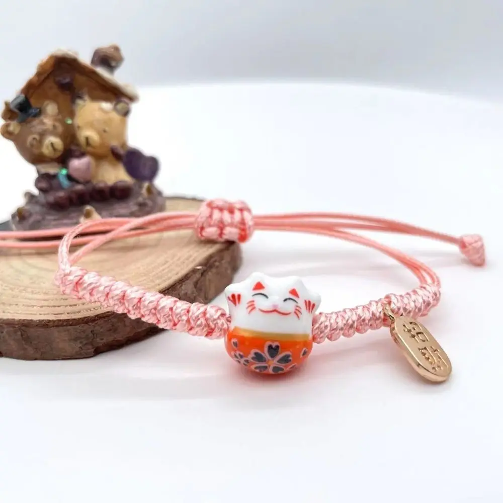 Ceramic Cat Pendant Maneki Neko Bracelet Handmade Chinese Style Red Braided Rope Hand Rope Jewelry Accessories Women Hand Ring