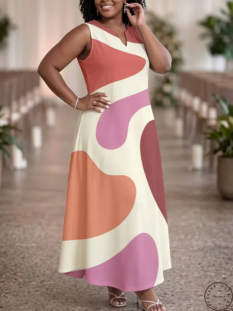 Striped Geometry Patter Elegant Women Long Dresses Summer Sleeveless Loose Maxi Dress Casual 3D Print Party Dress Robe Sundress