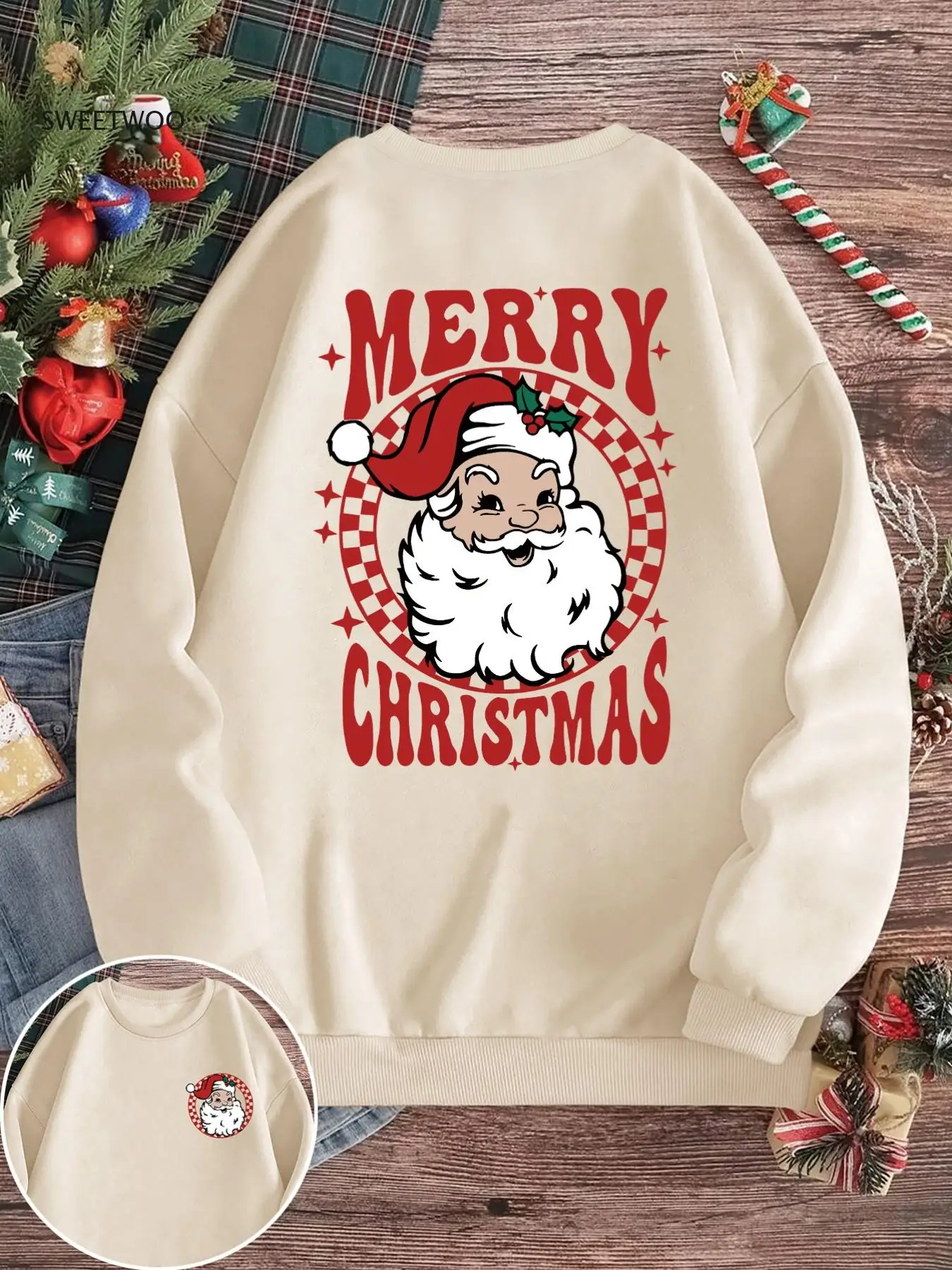 

Women's Christmas Sweater Hoodie - Cozy Oversized Loose-Fit 3-Row Round Neck Pullover with Snowflake & Reindeer Print, Machine