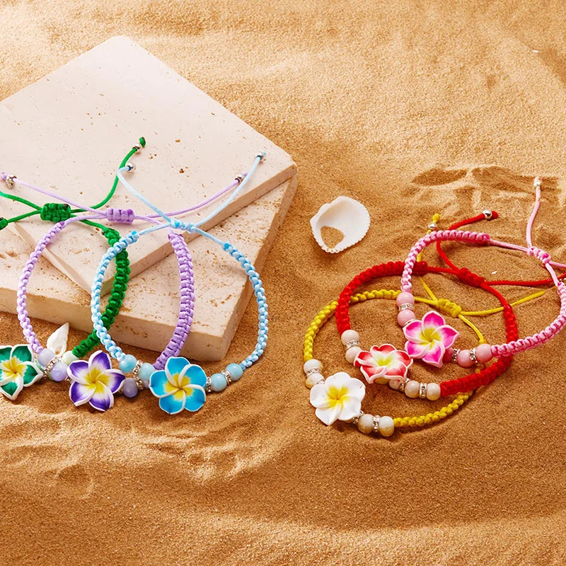 أساور هاواي للنساء البوهيمي المنسوجة أساور الزهور الاستوائية اليدوية جديلة الصيف الشاطئ مجوهرات للبنات اكسسوارات