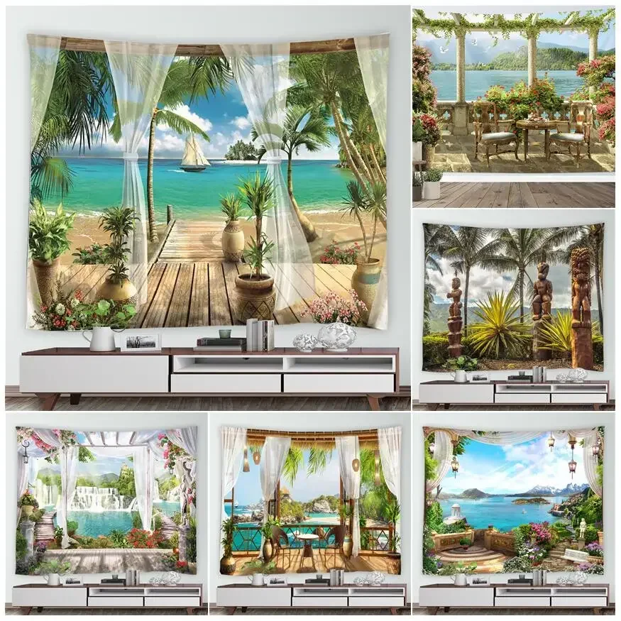 Tropical Sea Hawaii Landscape Tapestry Palm Trees Nature Scenery Garden Poster for Outside Home Background Wall Hanging Decor