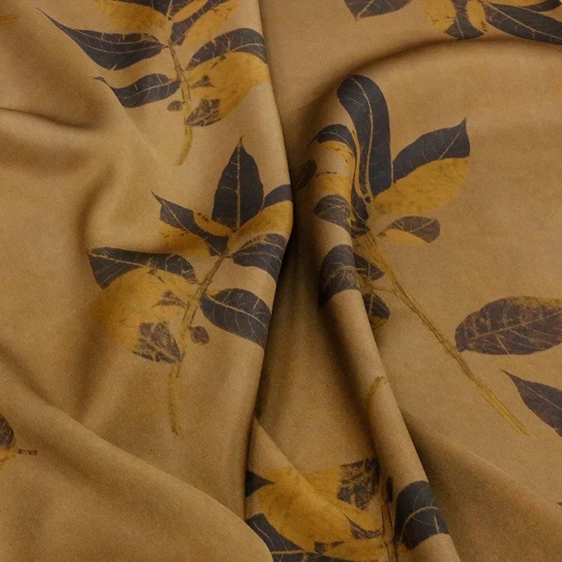 Coffee Ground Maple Leaf heavyweight silk double-sided satin fragrant gauze digital printed fabric clothing designer
