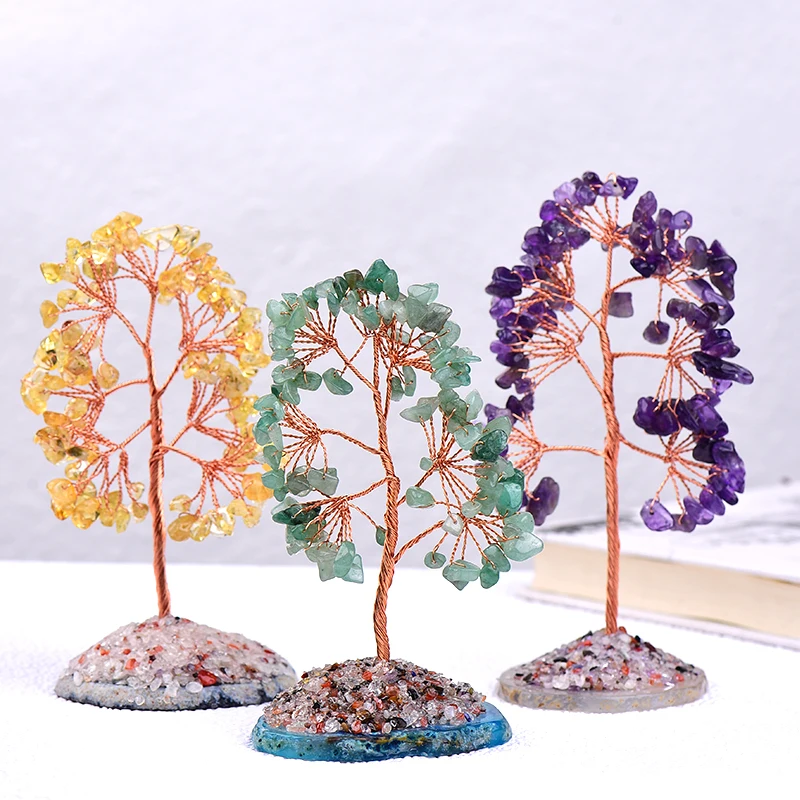 

1Pc Natural Crystal Money Tree Gravel Specimen Stone Feng Shui Ornaments Tree of Life Figurines & Agate Slice Stand Home Decor