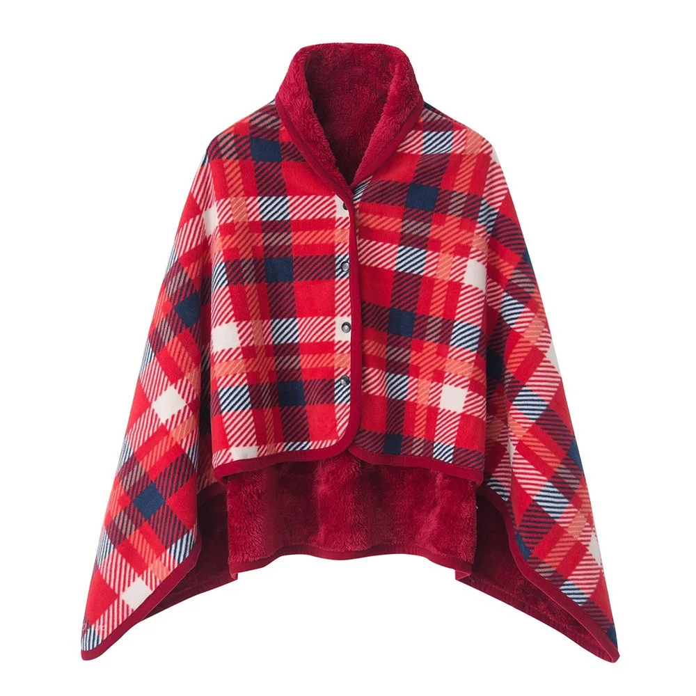 

Multi-function Plaid Wearable Blanket Fleece-lined Soft Home Shawl Blanket with Button Polyester Casual Office Blanket Bedroom