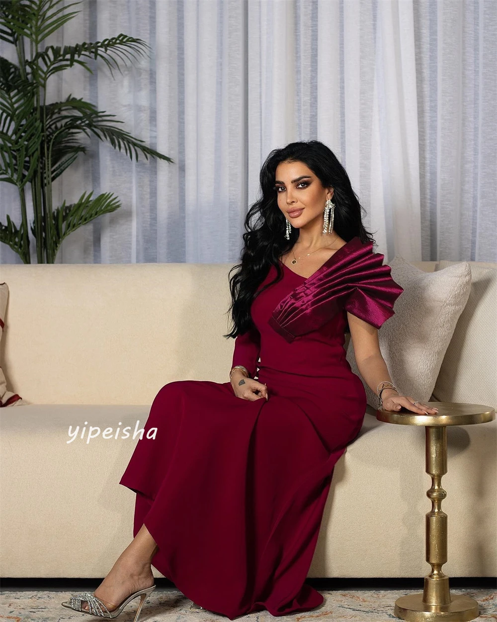 Ball Dress Saudi Arabia Evening Jersey Draped Pleat Graduation A-line V-Neck Bespoke Occasion Gown Midi Dresses