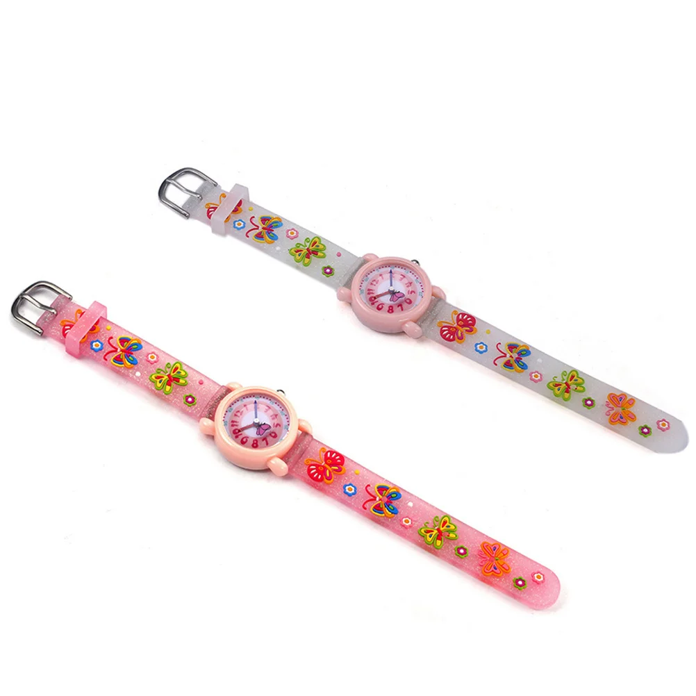 's 3D Cartoon Watch Waterproof Quartz Movement Silicone Band Time Teaching Gift for Butterfly Loose Powder White