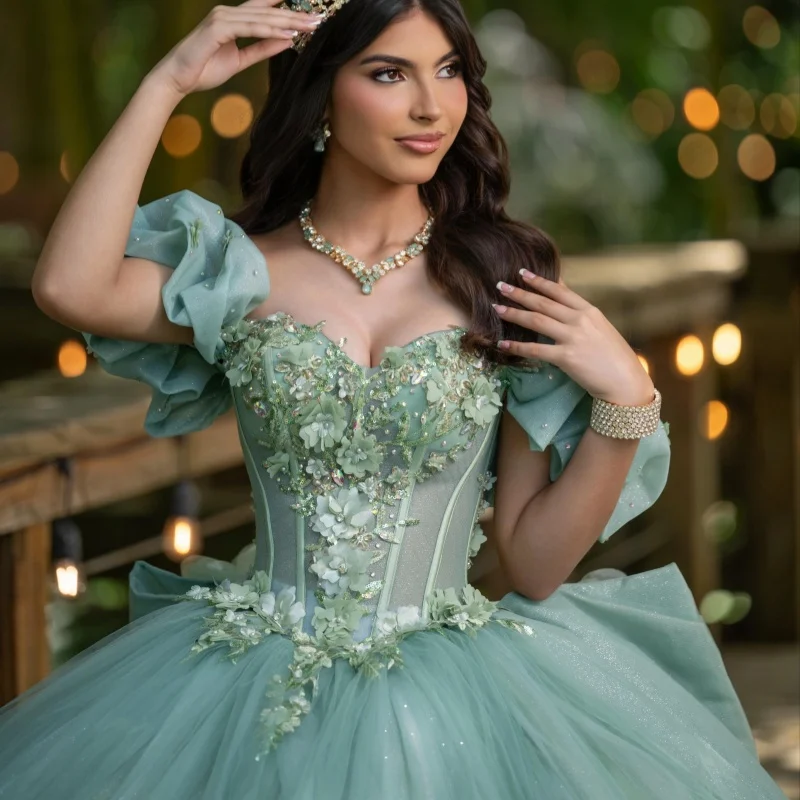 Green Quinceanera Dress Glitter Crystal 3D Flower Decal Long tail Lace off-shoulder Bow Vestidos De 15 Quinceanera ﻿Customize