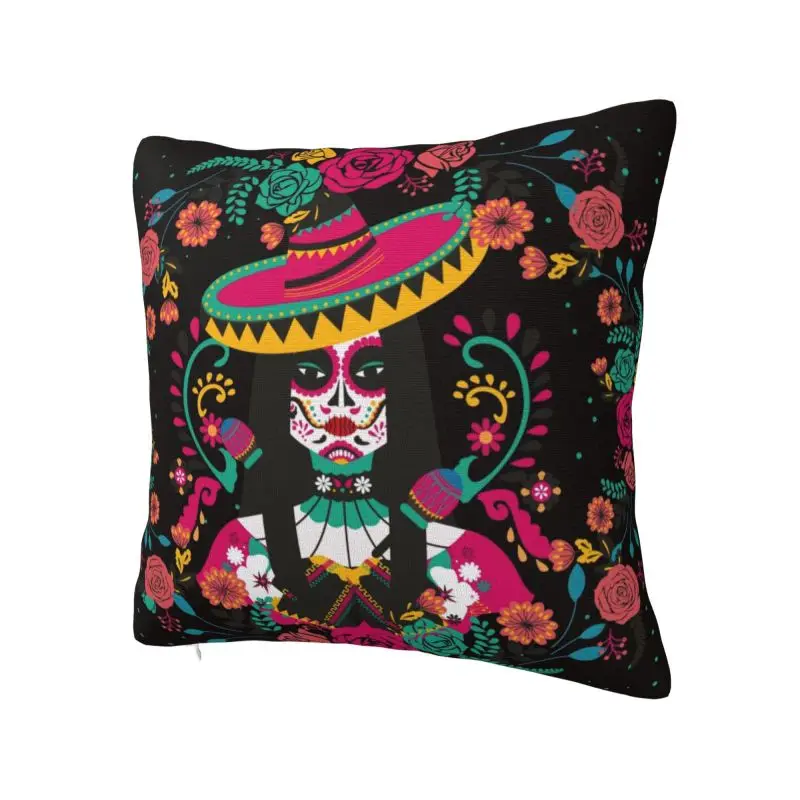 Awesome Mexican Skeleton With Flowers Cushion Cover 40x40cm Embroidery Colorful Soft Luxury Pillow Living Room Decoration