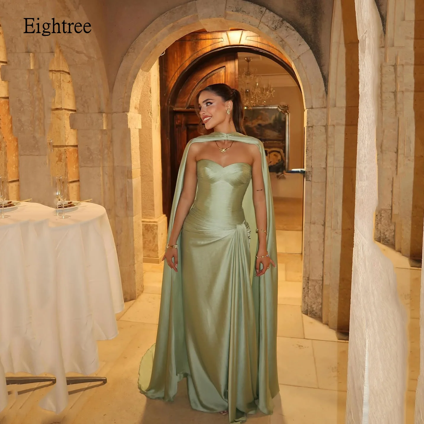 Eightree verde claro escote corazón sirena vestidos formales de graduación mangas casquillo vestido de noche hasta el suelo vestido de fiesta personalizado