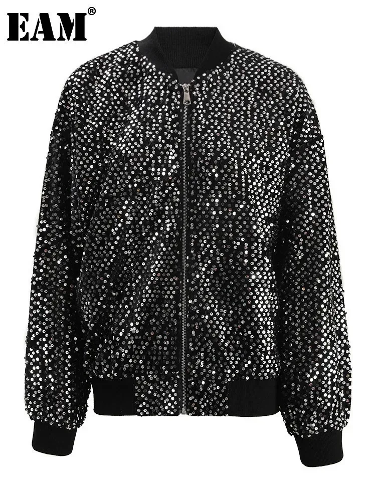 [EAM] Black Sequins Shining Big Size Jacket New Stand Collar Long Sleeve Women Coat Fashion Tide Spring Autumn 2025 CPG1625