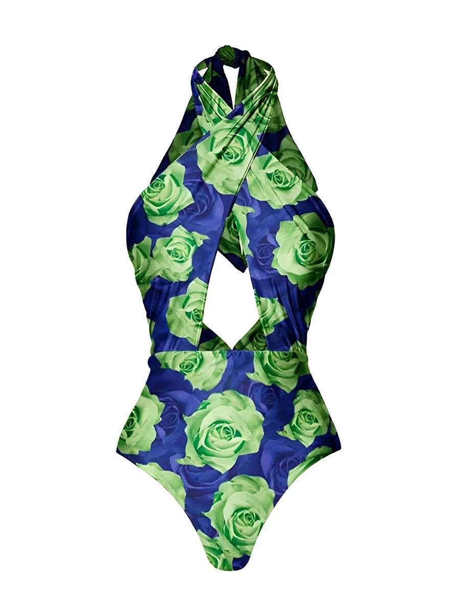 2026 Cross Halter Hollow Monokini Floral Swimsuit Women One Piece Swimwear Female Beachwear Bathers Bathing Swimming Swim Suit