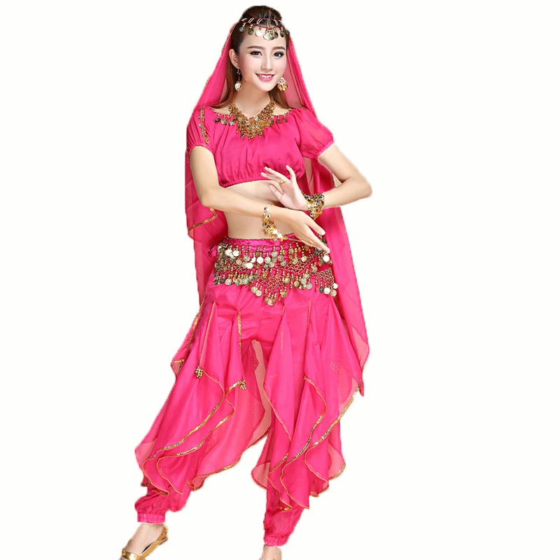 Nuevo conjunto de ropa de danza del vientre, vestido de actuación, danza india, conjunto de práctica de danza étnica, traje de pantalones giratorios de manga corta para mujer