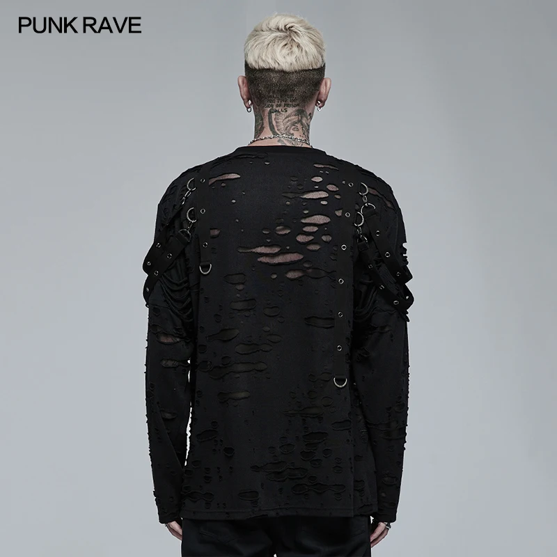 PUNK RAVE Men\'s Gothic Daily Wear Knited Broken Holes Long Sleeve T-shirt Punk Harajuku Loose Black Tops Spring Autumn