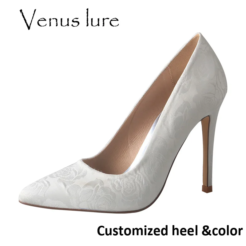 

Venus lure Customized 11CM/10CM Wedding Bridal Heels Flower Satin Fabric Ivory Women Shoes Pointed Toe