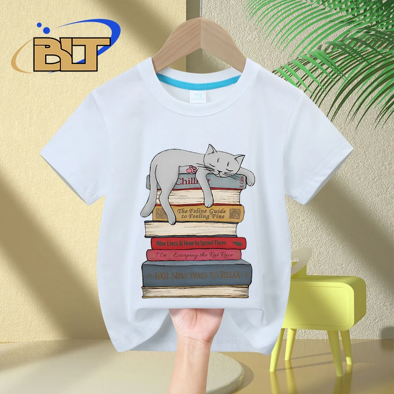 How to Chill Like a Cat printed T-Shirt children's summer pure cotton short-sleeved casual tops boys and girls gifts