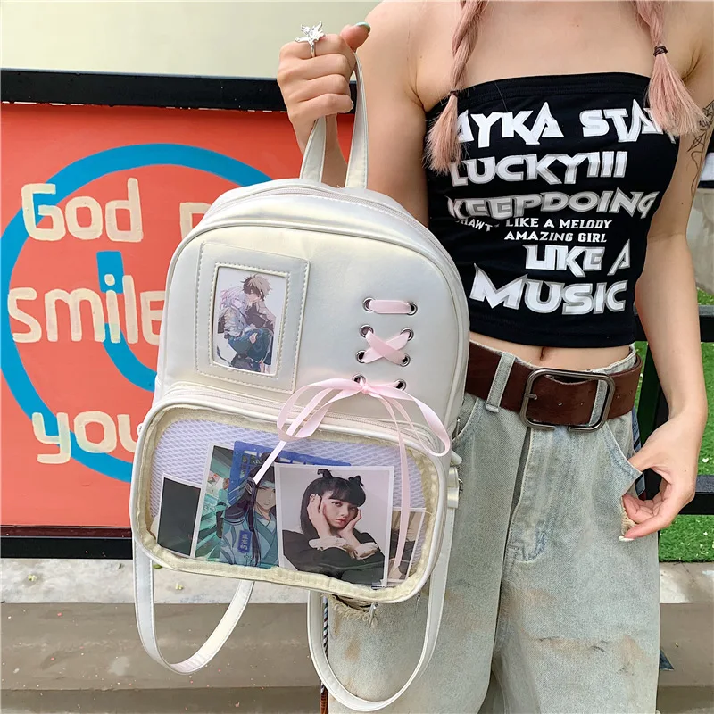 Aesthetic White Ita Daypack Clear Window Photo Badge Display Bow Lace up Design Multi Pocket Teen Girls School Travel Backpack