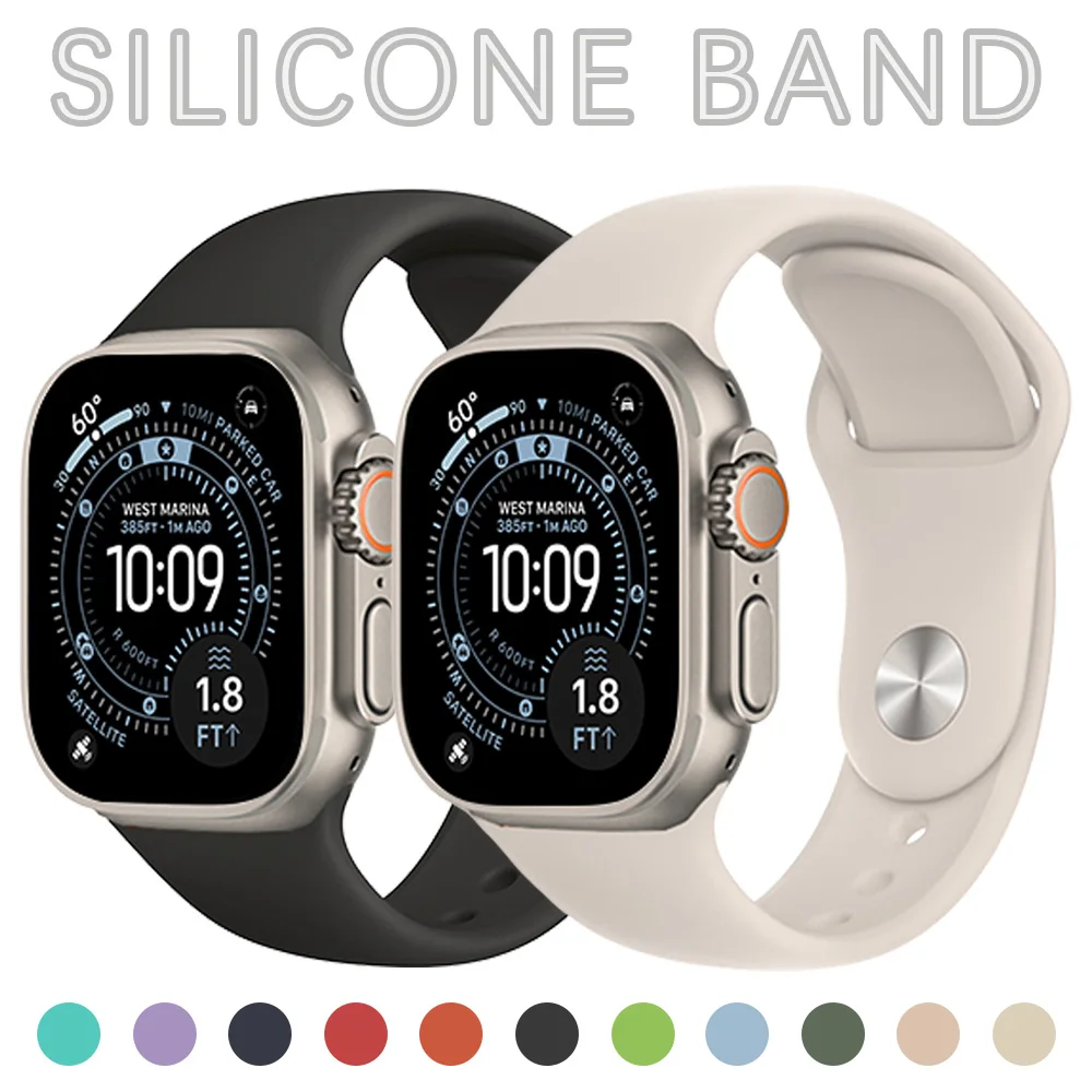 Силиконовый ремешок для Apple Watch, ремешки 40 мм, 49 мм, 44 мм, 45 мм, 46 мм, 42 мм, 41 мм, спортивный браслет iWatch Series 11 10 9 8 7 SE Ultra 3/2