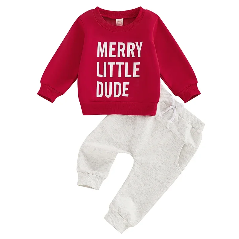 0-36months Infant Boys Christmas Pants Sets Long Sleeve Letter Print Sweatshirt Drawstring Pants Sets