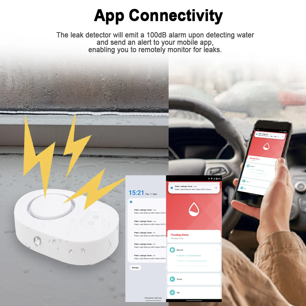 Tuya WiFi Smart Water Leak Detector 100dB Sound Alarm APP Real-time Monitoring Home Kitchen/Basement/Laundry Room Protection