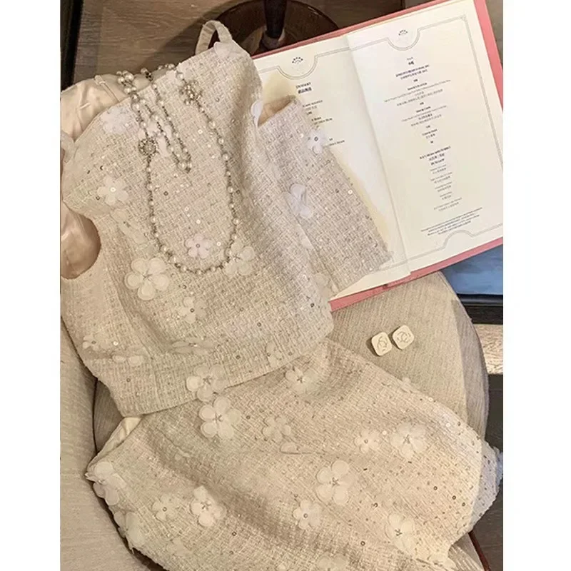 LML set women's summer new French sequin short sleeveless top with buttocks wrapped skirt fashion two-piece set womens outifits