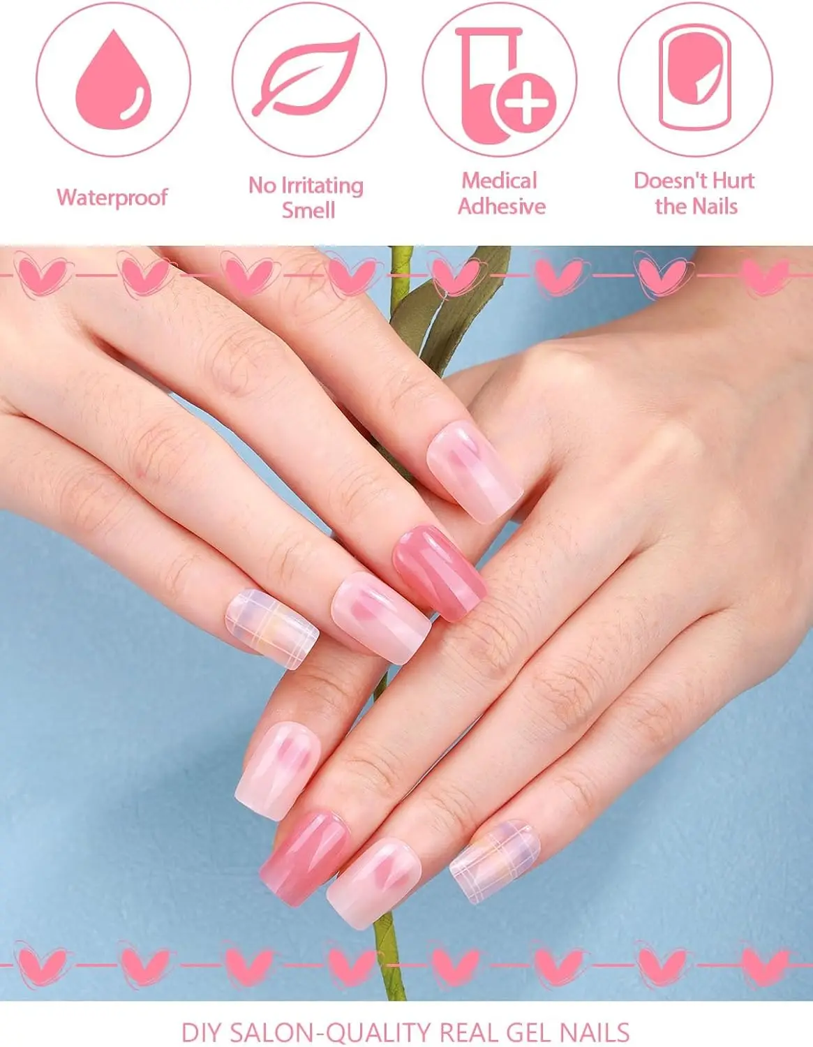 20 tiras de gel semicuradas para el día de San Valentín con forma de corazón rosa para mujeres y niñas, se requieren UV/LED