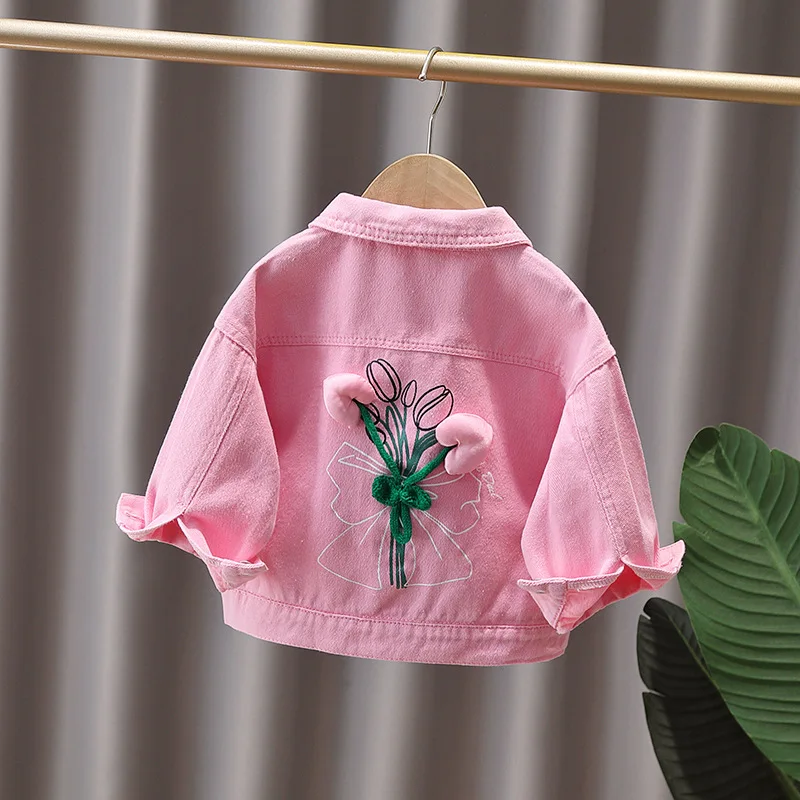

Spring Autumn Lapel Children Denim Clothes Pink Knitted Girls Fashion Foreign Style Jacket Flower Embroidery Bunny Denim Jackets
