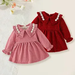 Toddler Girls Long Sleeve Solid Color Corduroy Ruffles Dress Autumn Winter Party Dresses Clothes Girl Ballet Dress Long Sleeve