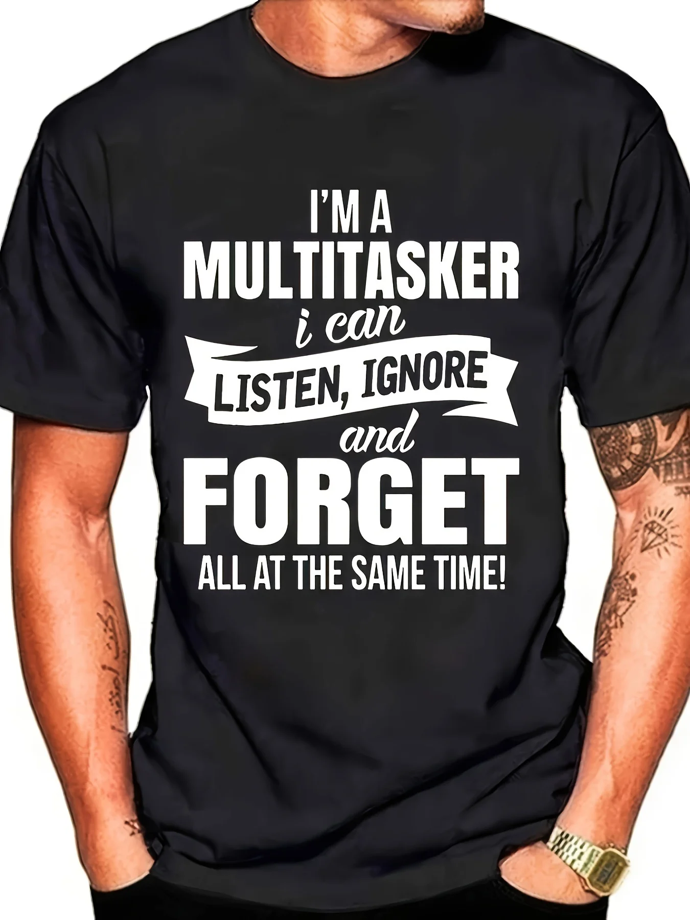 

Men's Funny T-Shirt Casual Short Sleeve Crewneck Tee with "I'm A Multitasker I Can Listen Ignore and Forget" Print Minimalist