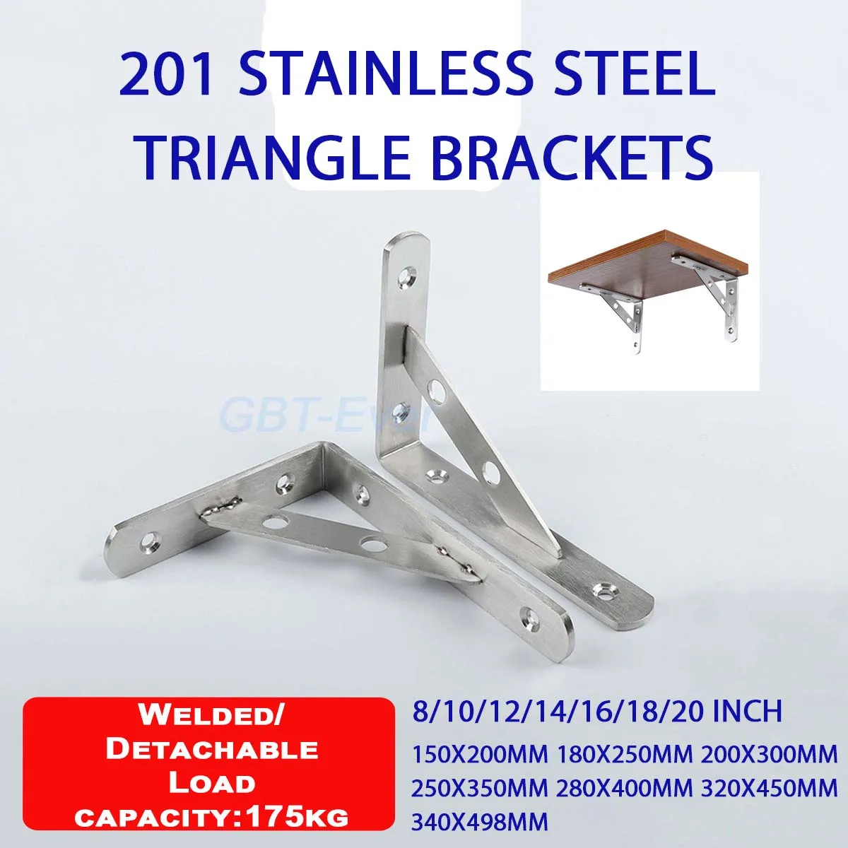 2Pcs 201 Stainless Steel Triangle Bracket 8-20Inch Wall Shelf Bracket 175kg Heavy Support Wall Mounted Bench Table Shelf Bracket