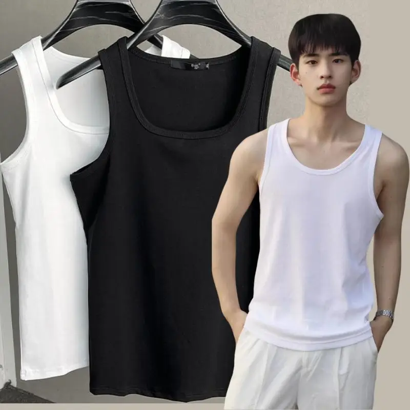 Hot Sale 100% Cotton Mens Sleeveless Tank Top Solid Muscle Vest Undershirts Square Neck Gymclothing Tees Whorl Tops Bodybuilding