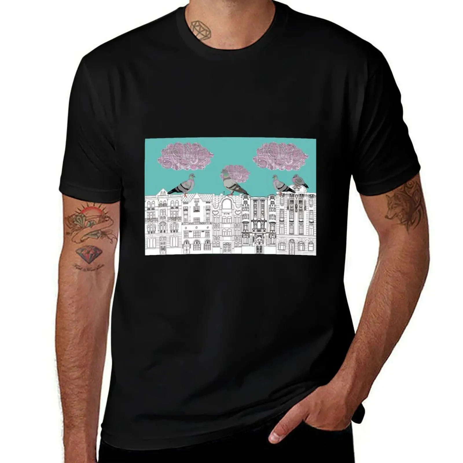 Pigeons on Vrsovice, Pigeons on Czech buildings, Prague art nouveau buildings, pigeons T-Shirt Basic All Season Solid T-Shirt