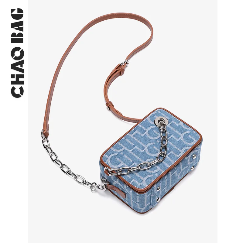 Original niche designer men's bag light luxury presbytery box bag Denim chain Crossbody bag small square camera bag fashion