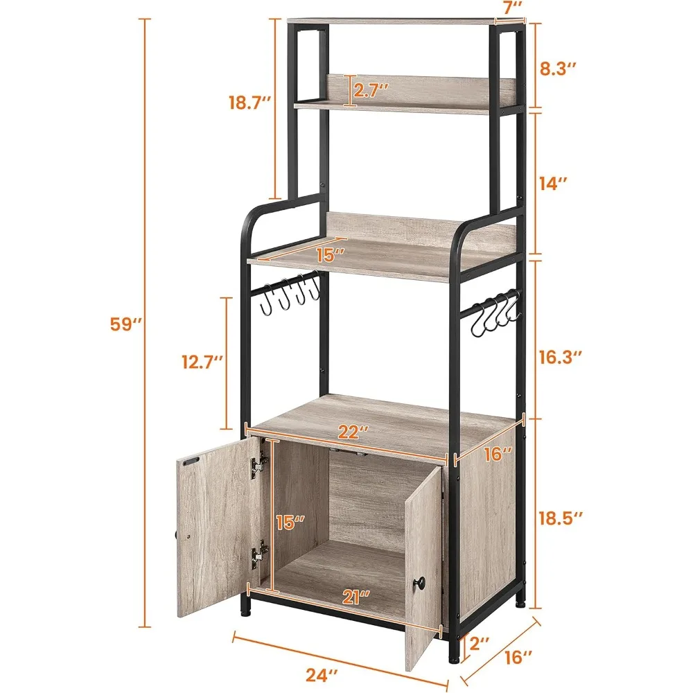 4 ชั้นครัว Bakers Rack พร้อมตู้เก็บของและฮัทช์, เตาอบไมโครเวฟ Coffee Bar Pantry ตู้ 8 S Hooks