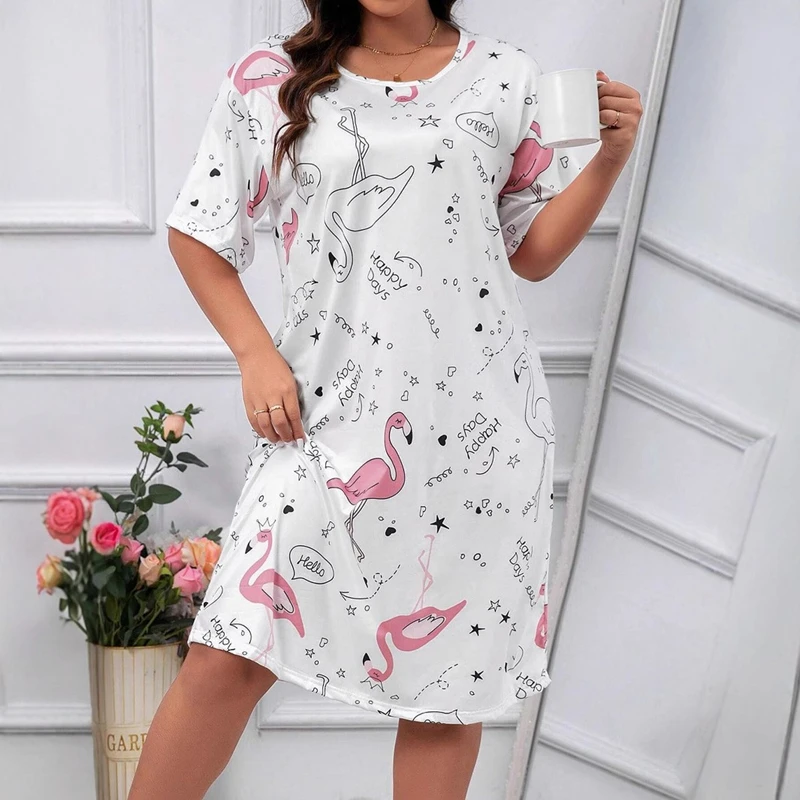 Camisón elegante con estampado de mariposas, talla grande, manga corta, cuello redondo, vestido camisero, tela transpirable, ropa de dormir para mujer