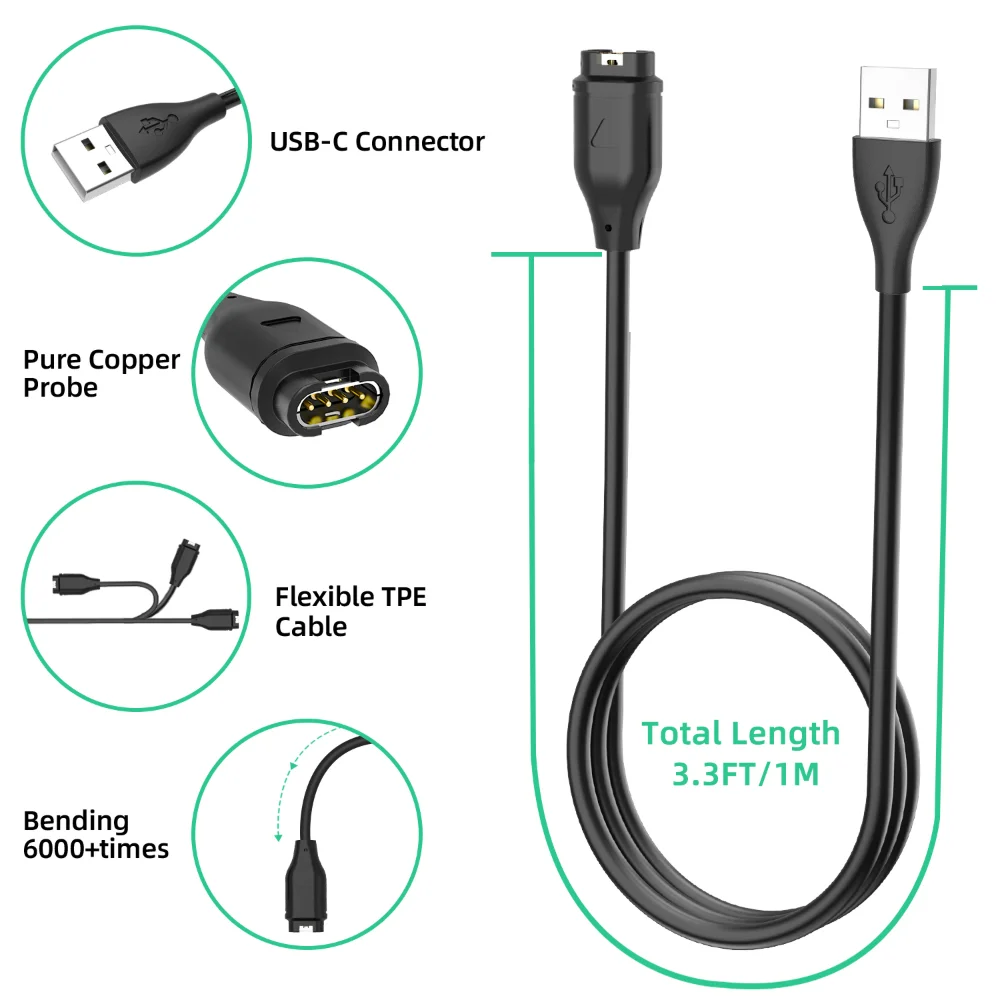 Kabel ładujący pasujący do Garmin Vivoactive 5 4 4S 3 Garmin Quatix 7 6 6X 5, ładowarka USB do smartwatcha, zamienna ładowarka
