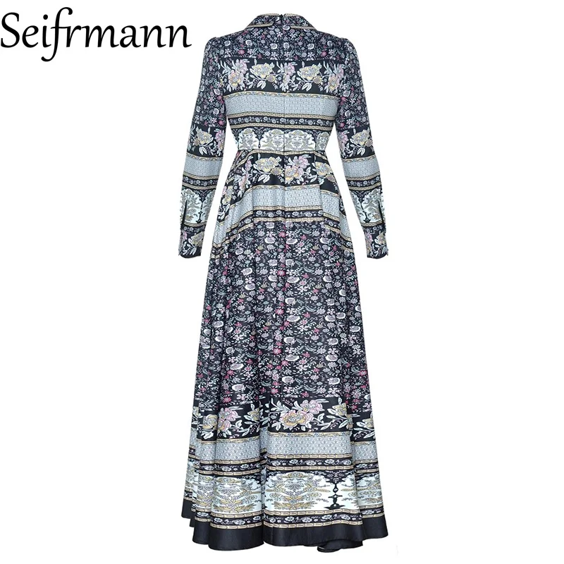 Seifrmann 2026 Spring Women's New Fashionable Collar Long Sleeve Printed Single breasted Temperament Waist Dress