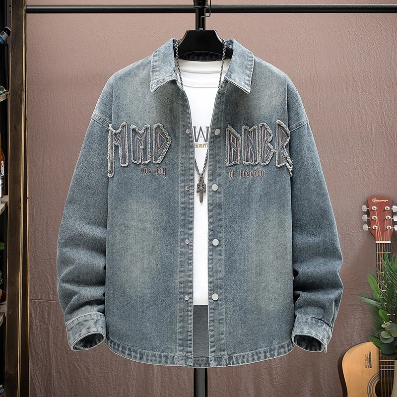 

Retro American Sle Men's irt Jaet Casual Long Sve Embroidered Outerwear Spring Autumn Faionable Youth Cotton Blend
