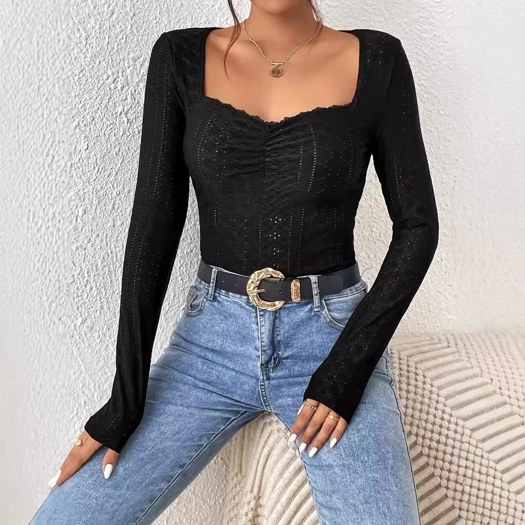 Women Fashion Simple T-Shirt Square Neck Long Sleeve Lace Trim Solid Color Top