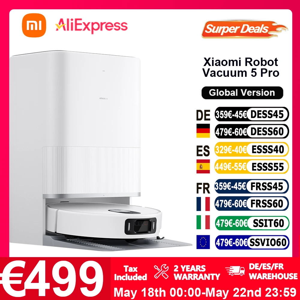 Globale Version Xiaomi Robot Vacuum 5 Pro 20000 Pa Saugkraft Problemfreier Anti-Tangle-Staubsauger Selbstreinigende Basisstation Ausziehbarer Mopp und
