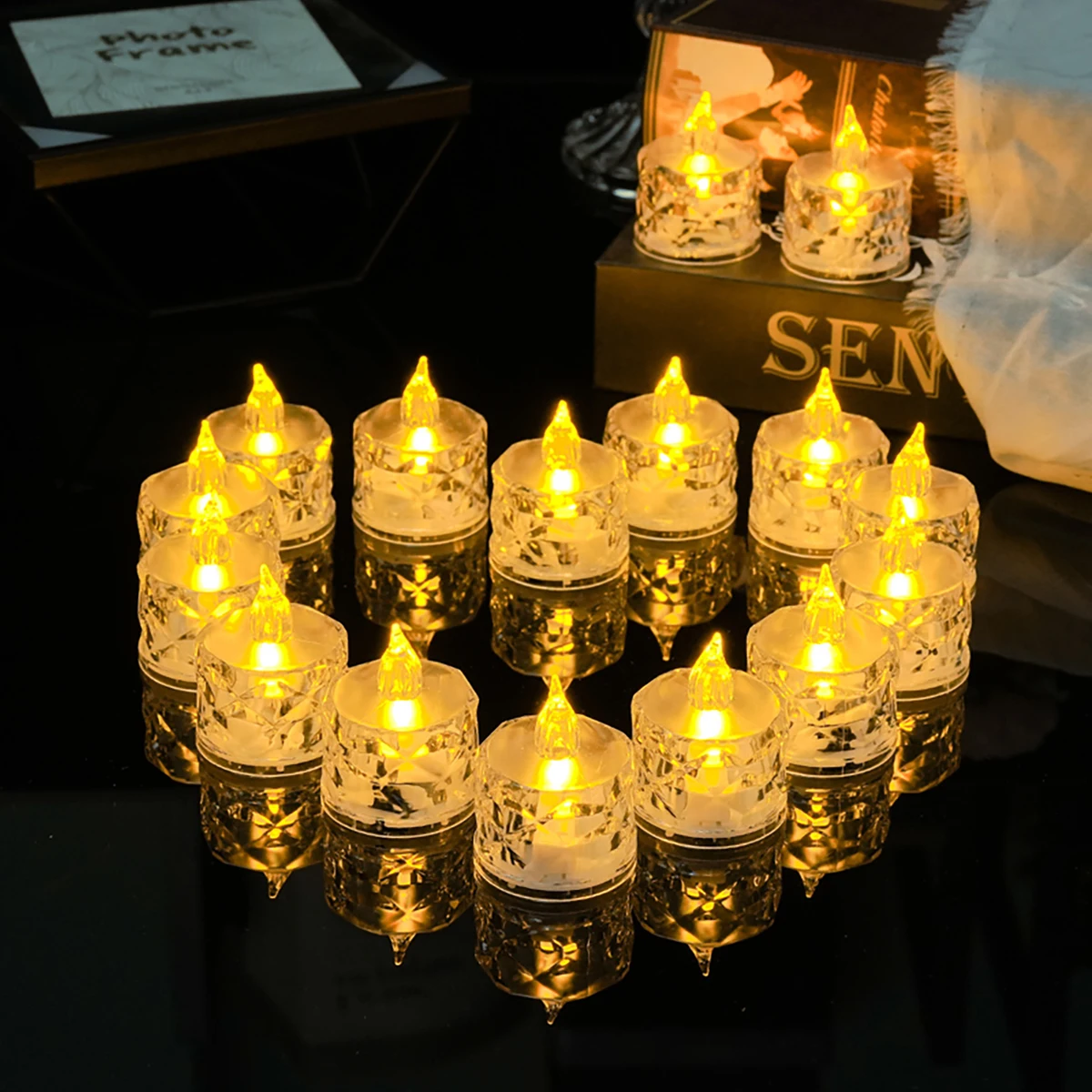 12/24 قطعة من مصابيح الشموع LED ذات مظهر كريستالي، شموع بلاستيكية عديمة اللهب، شموع زخرفية لسطح الطاولة الداخلية (تطلب البطارية)، مناسبة لعيد الميلاد والحفلات وحفلات الزفاف، والشموع المستديرة ذات الطابع الفضائي، مع فتيل واحد، مع التحكم في المفتاح #5