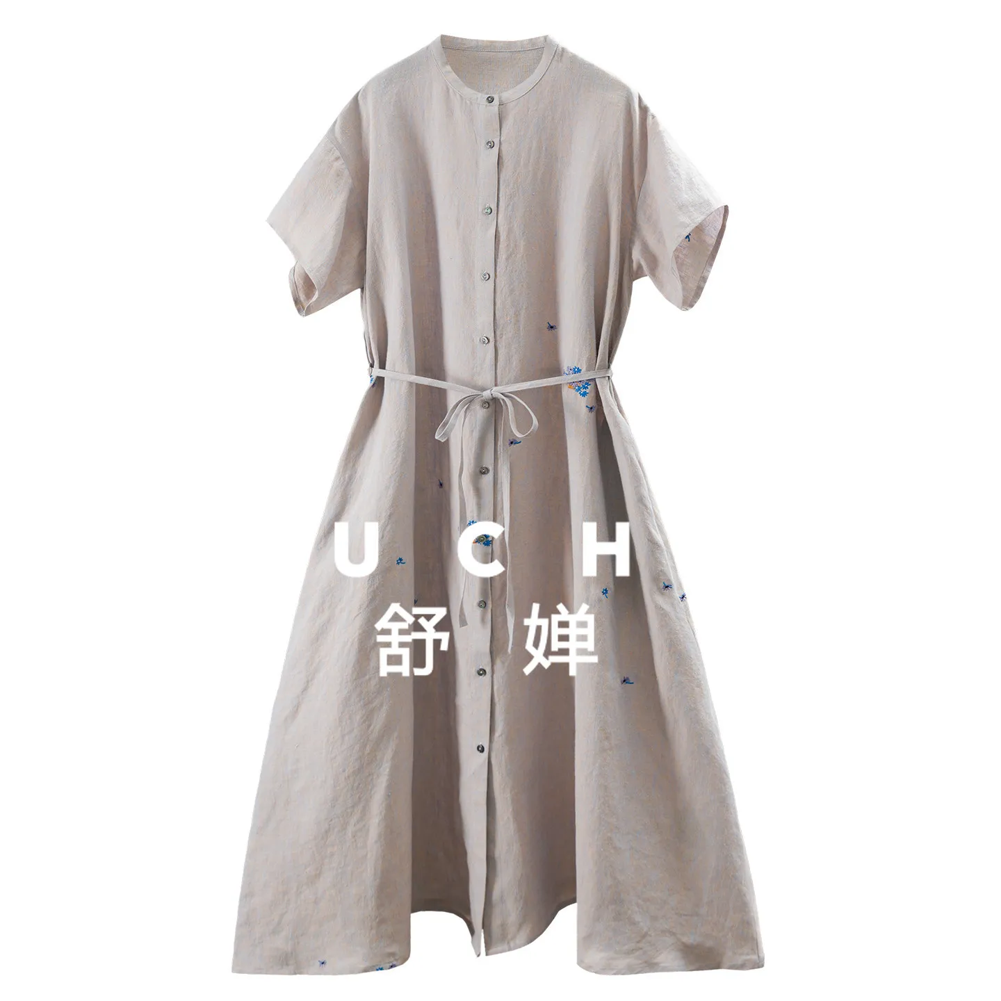 

High-end Rustic, Ark-dyed Hemp + Linen Embroidered Short-sleeved Waist Dress Women 07L7