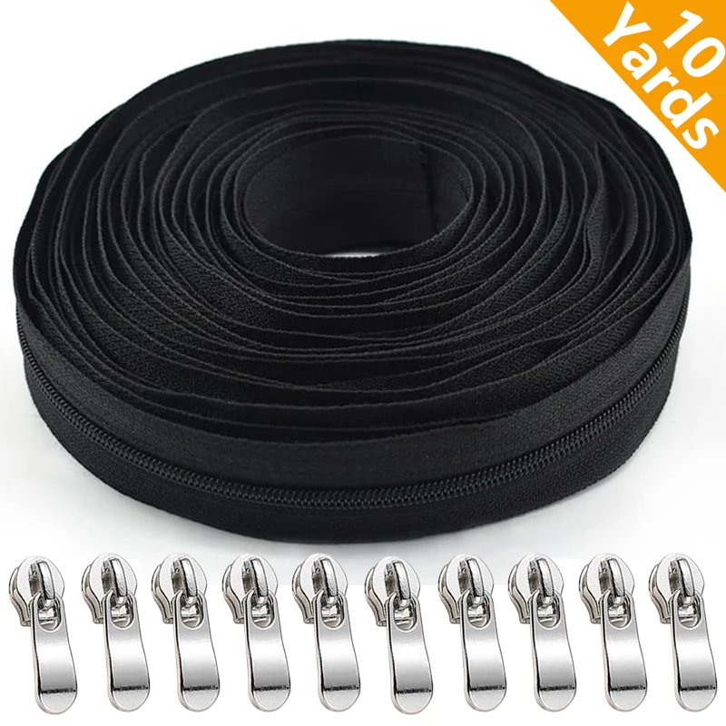 10 Meters (9.14Yard ) 3 # Long Nylon Coil Zipper with 10pcs Zipper Slider for DIY Sewing Clothing Accessories