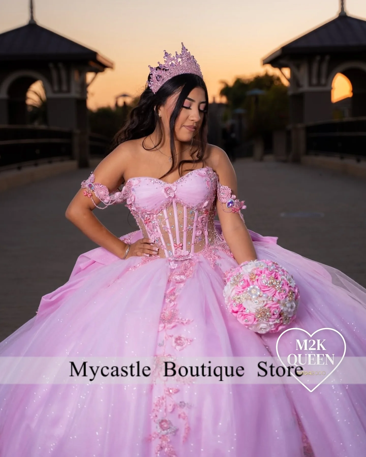 Robes De Quinceanera en dentelle rose, avec nœud en cristal, robe De fête d'anniversaire, douce 16, personnalisées, 2025