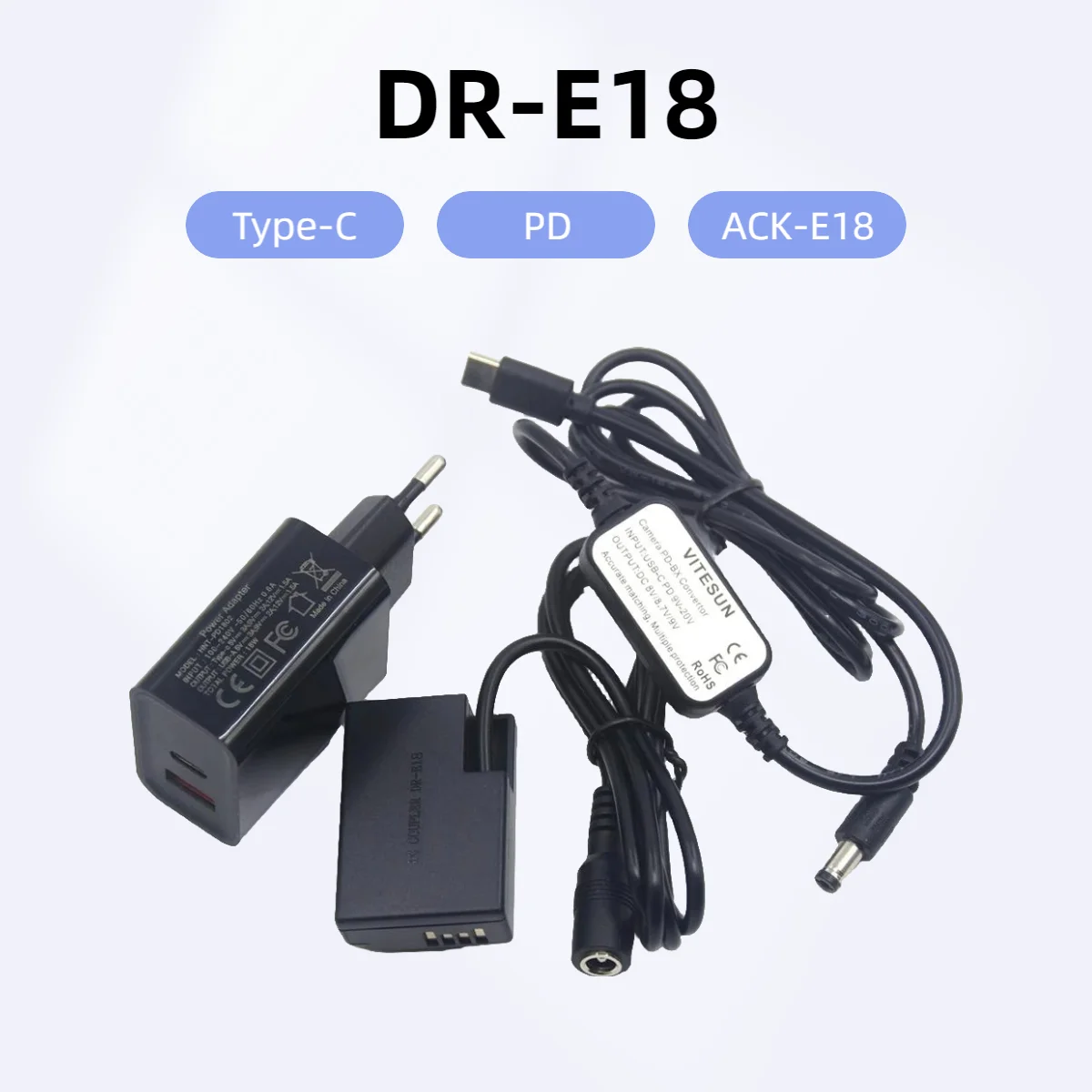 DR-E18 LP-E17 USB Type-C Power Bank Cable Dummy Battery+ACK-E18+PD Charger For Canon 750D 760D T6S 77D 800D 850D Rebel SL2 R10