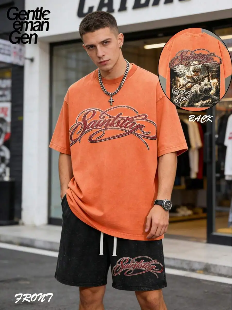 

Mens Vintage Washed Cotton T-Shirt And Shorts Set With Angel Leopard Graphic Streetwear