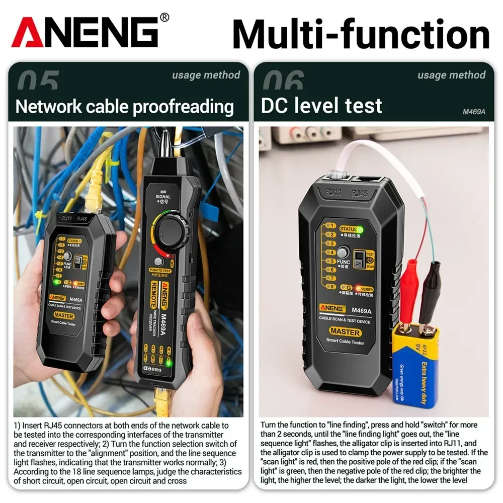 Tester kabli sieciowych RJ45 RJ11 ANENG M469A Analizator sieciowy Tester kabli LAN Lokalizator przewodów Detektor tonera Narzędzia do testowania linii