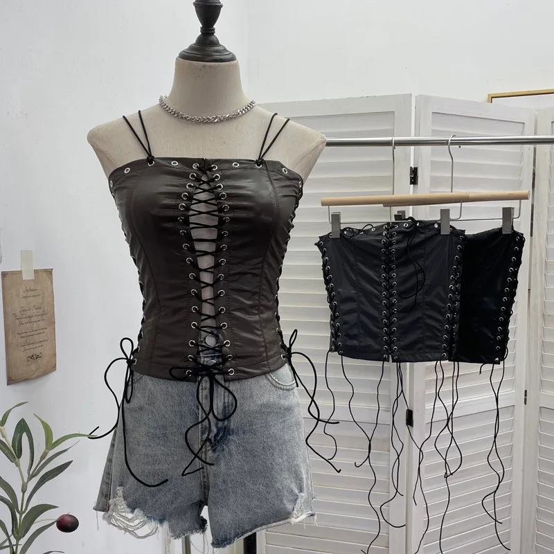 

Punk Sle Hollow out Bal PU Leather Crop Top with Rope Tie And Zipper Svel Tube Brtte Summer Faion Ladies' C...