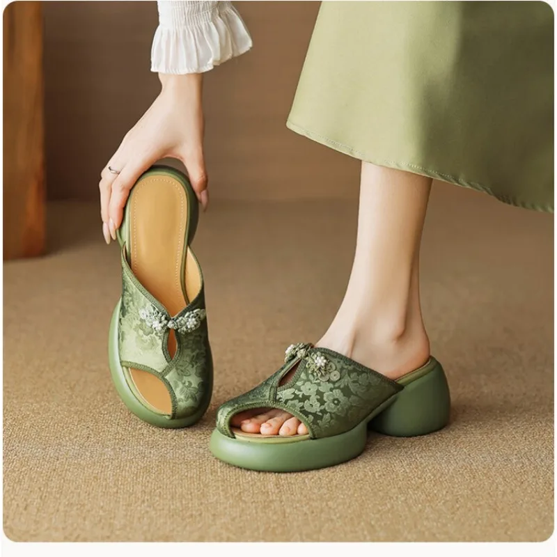 National tide style Baotou thick-soled female genuine leather hollow semi-slippers new summer new Chinese high heel slippers