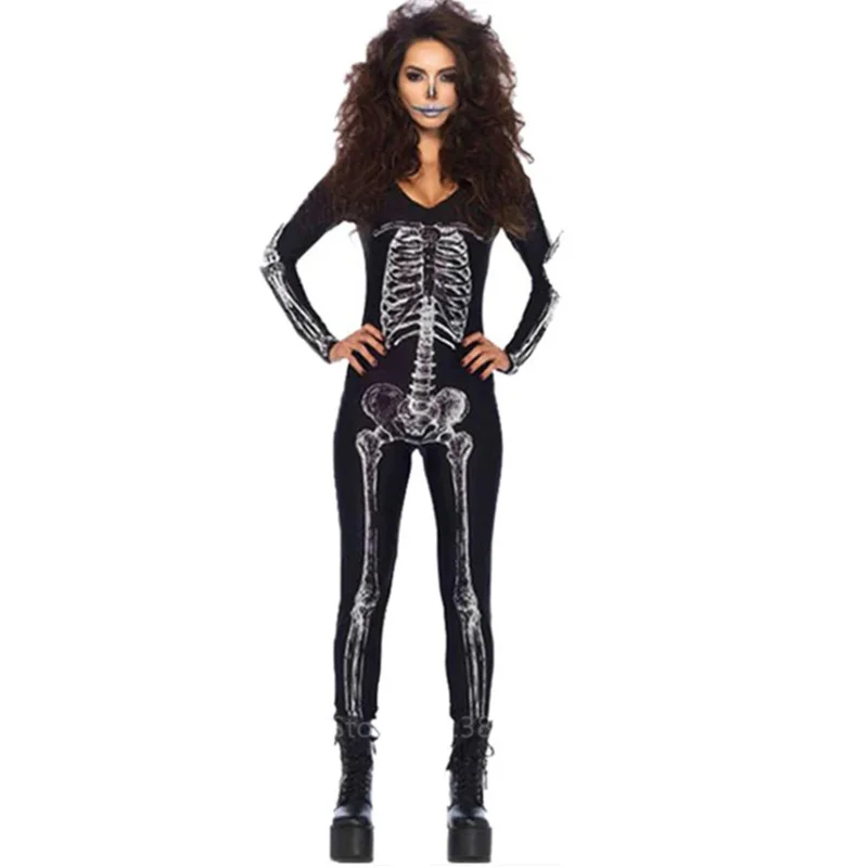 2025 New Skeleton Costume Women Dress Disguise Witch Day of The Dead Jumpsuit Horror Bride Cosplay Carnival Party Vampire Fa abc