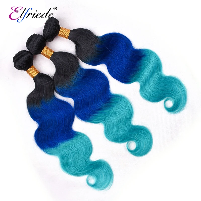 Elfriede Body Wave Ombre Colored #T1B/Blue/Light Blue Hair Bundles with Frontal Remy Human Hair 3 Bundles with Lace Frontal 13x4